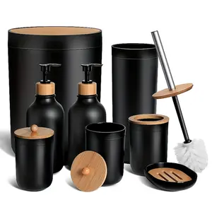 Matte Black Bathroom Accessories Set 9PCS,Bamboo Bathroom Accessories Sets Complete with TrashCan,Soap Dispenser and Toothbrush Holder Set,Toilet Brush,Holder,Vanity Tray,Soap Dish,Boho Bathroom Decor