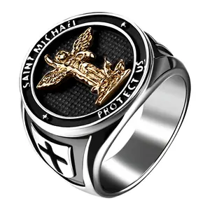 OIDEA Men's St Michael Protection Ring, Archangel Protector Medal Signet Round Shield Stainless Steel Christian Jewelry Gift, Sizes 8-13