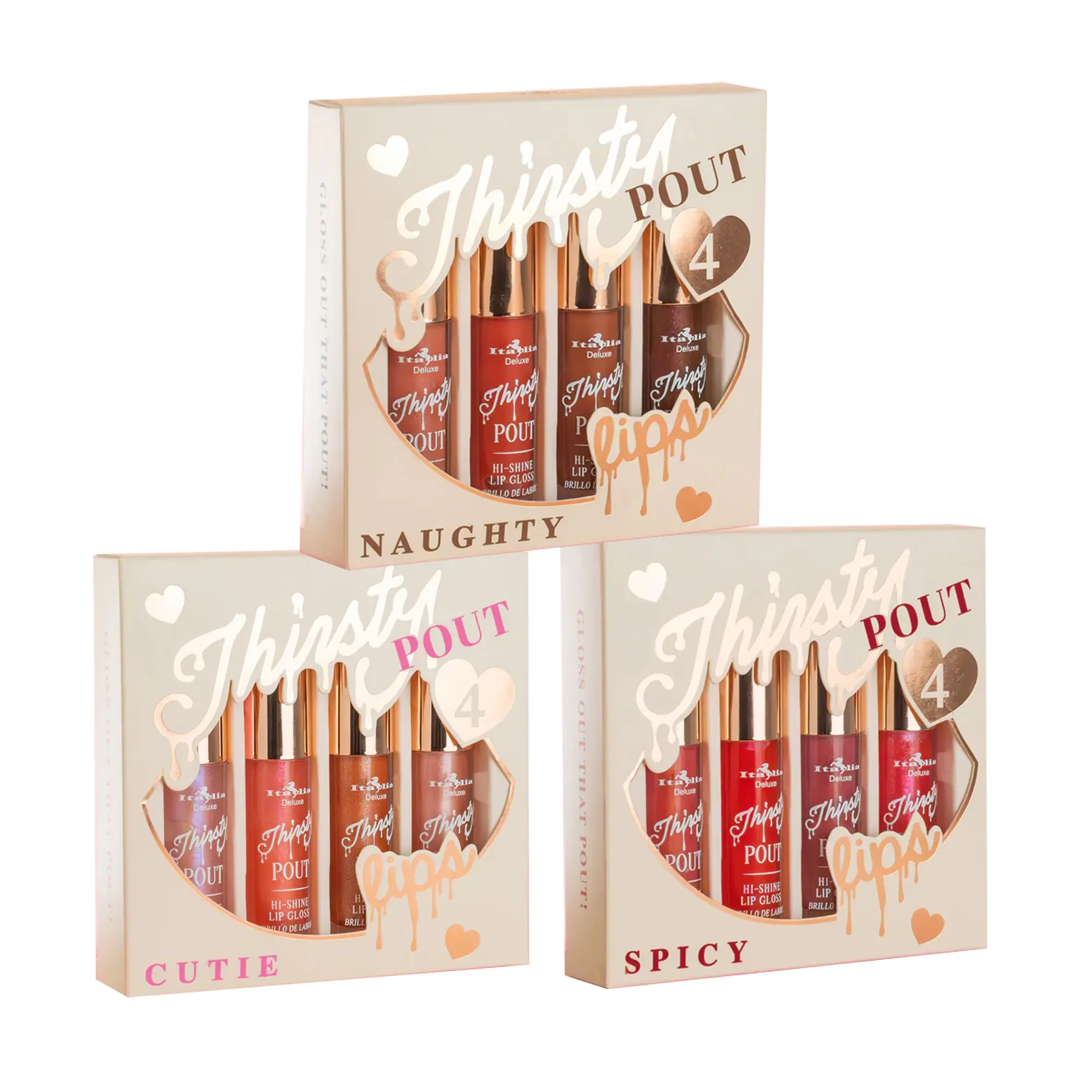 Italia Deluxe Thirsty Pout Lipgloss 4 Lip Set - Hydrating & Softening Formula with Cocoa Butter Scent - Naughty, Spicy, Cutie Shades - Sheer Pigment in Shimmer & Non-Shimmer Finishes