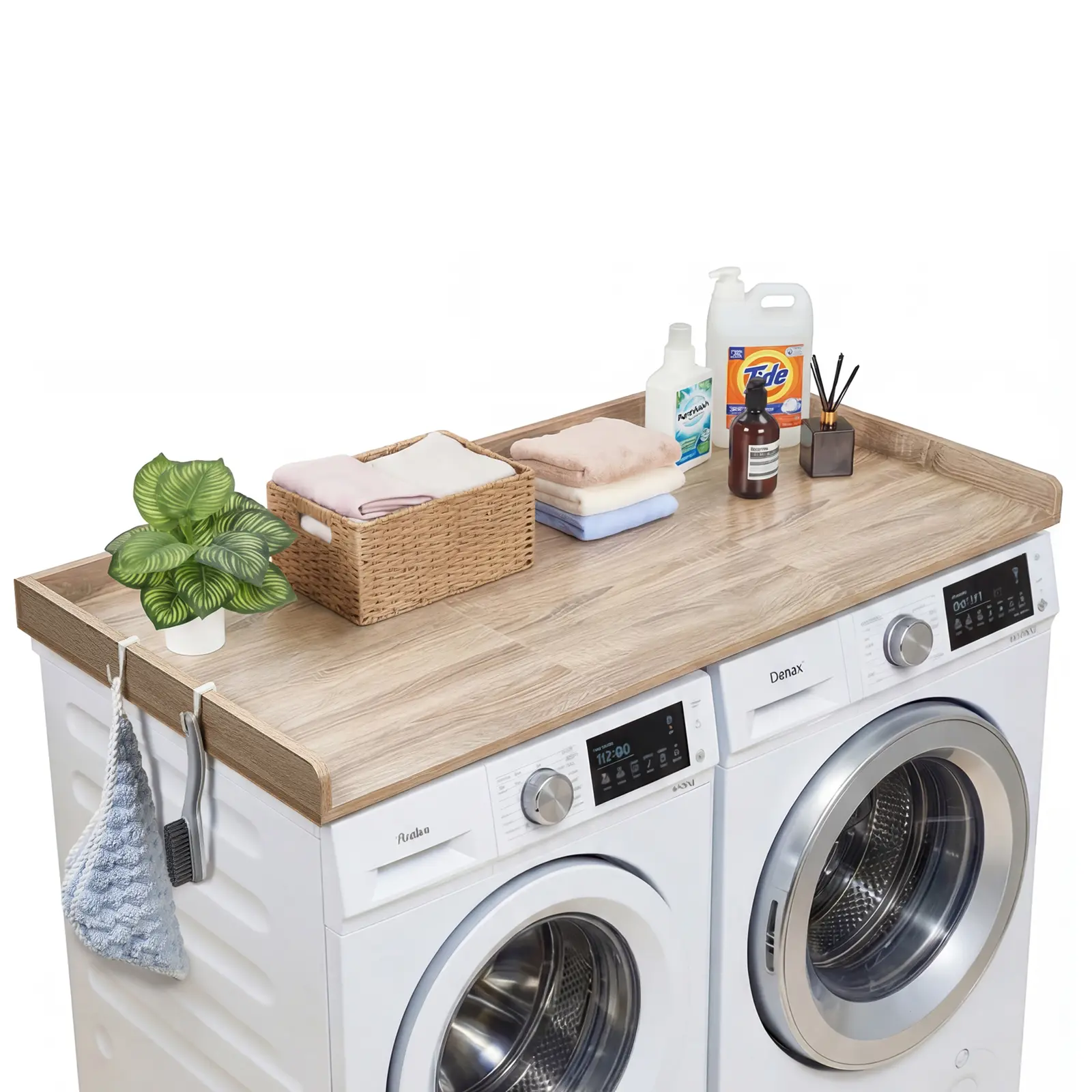 VEVOR Oak Wooden Washer Dryer Countertop, 53.9x27.5in Water-Resistant Modern P2 Grade Particle Board Topper with Raised Edge, 2 Hooks, 250 lbs Stable Support, Storage Space for Household Appliances, Washing Stations Organization (Father's Day Gift), 53.9,