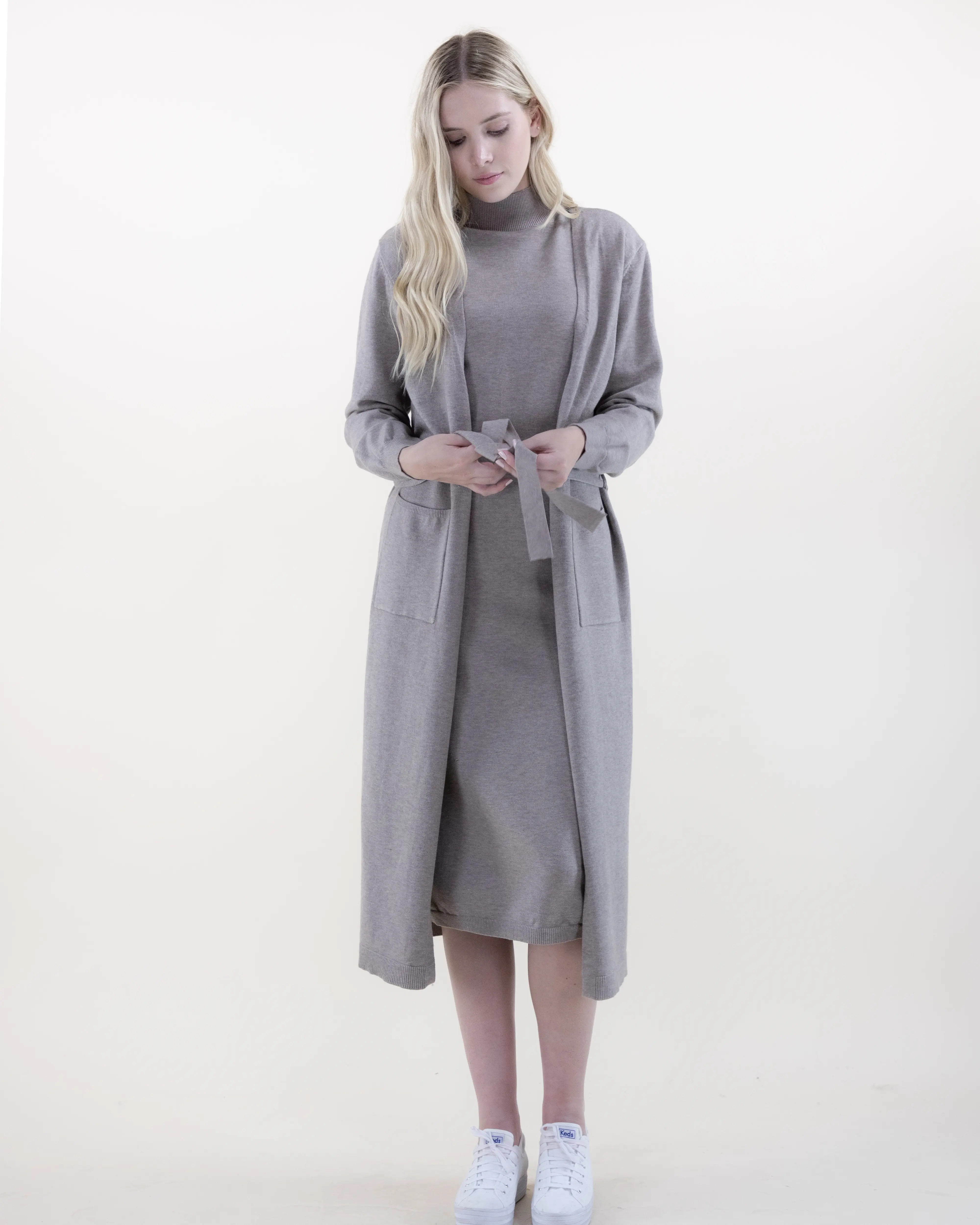 Women's Casual Cashmere Chic Long Sleeve Belted Longline Knit Duster with Pockets - Cold Wash Women's Knitwear Top, Lady