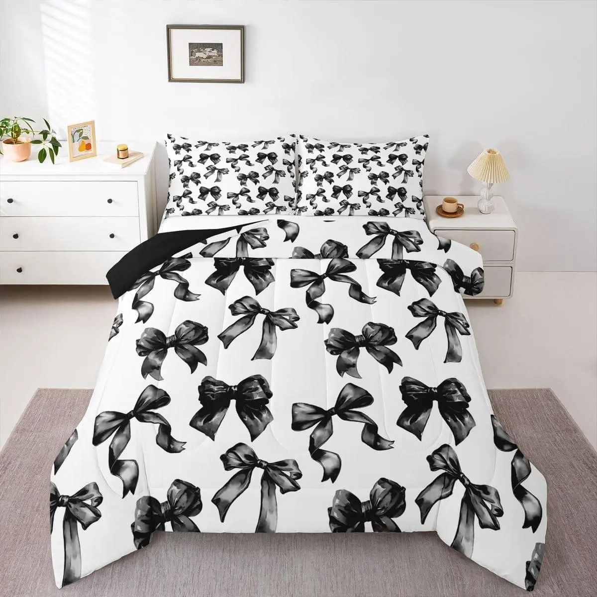 Bow Comforter Set Black and White Bowknot Bedding Set Adults,Modern Simple Fashion Aesthetic Comforter Sets Black Watercolor Butterfly Knot Quilt Duvet