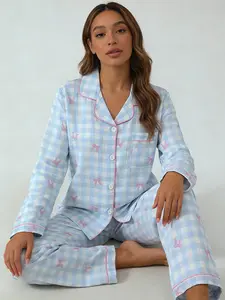 Daily Wear Light Blue Gingham Pink Bow Pajama Set for Women, Button Down Long Sleeve Long Pants, All Season Wearable Loungewear, Nightwear, Pyjamas, Gingham Print, Delicate Cozy Home Outfit