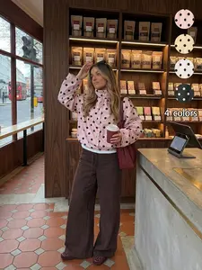 Spring Women's Stand Collar Adjustable Bow Long Sleeve Polka Dot Short Jacket, Trendy Fashion Outerwear for Casual Wear