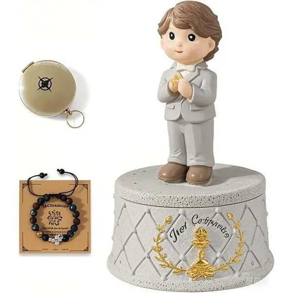 Boys' 1st Holy Communion Keepsake Set - Faith Symbol Gift with Cross Motif Bracelet, Religious Figurine, Inspirational Compass, Trinket, Gift Box (Includes 5 Items) - Durable Party Souvenir