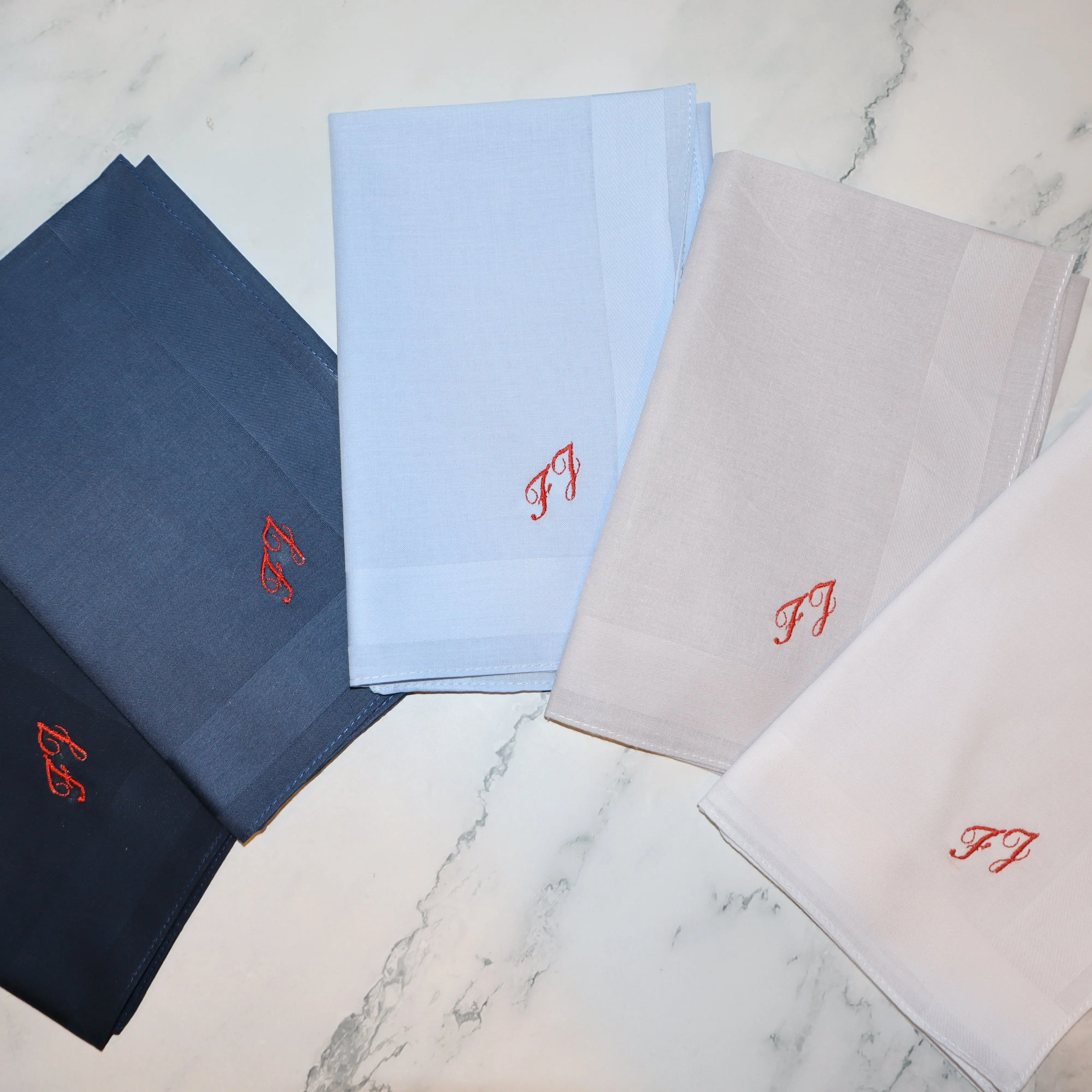 The Paris Set – Personalized Handkerchiefs with Classic Cursive Initials, Embroidered Monogram, Custom 5-Pack Gift for Him or Her