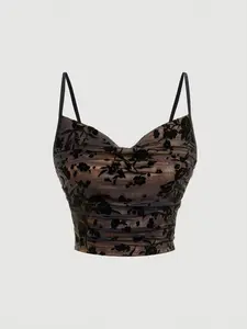 SOLEMN Vintage Jacquard Print Ladies Pleated Camisole Top Mesh Bachelorette Summer Vacation