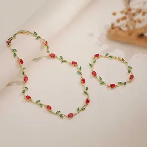 Loveden Colorful Tulip Rose Jewelry Set For Women Necklace & Bracelet Party Accessories Girl'Elegant Versatile Branch Leaf Flower Charm Fashion Jewelry Set Anniversary Gifts for Her LD.