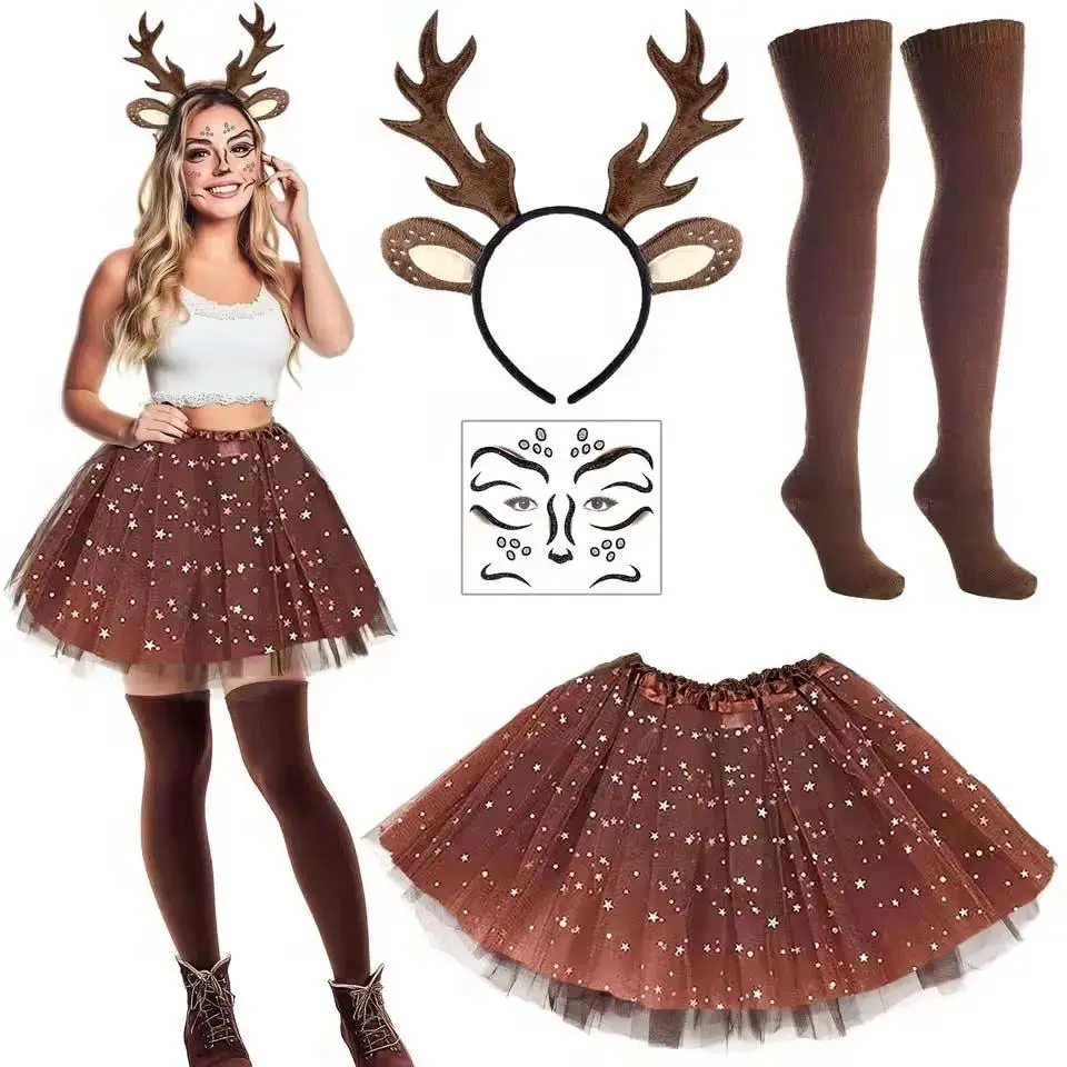 Women's Party Reindeer Costume Set Tutu Skirt Sexy Cosplay Costume Deer Costume 4-piece Set Suitable for Ladies To Dress Up