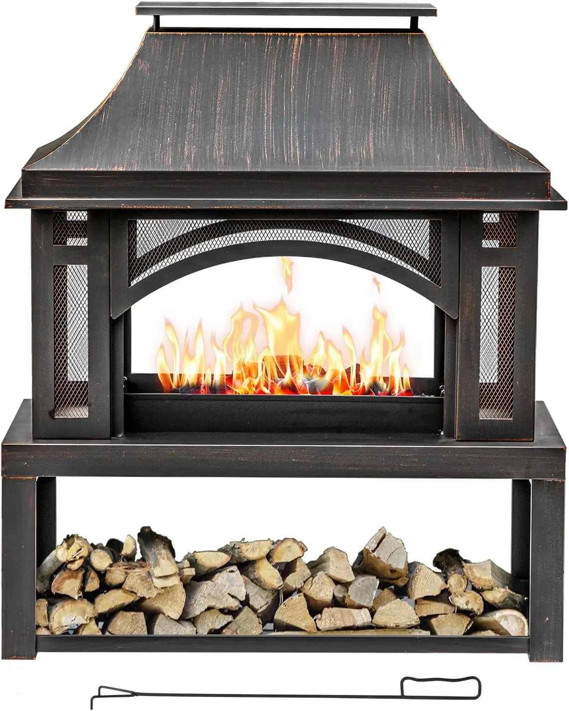 Outvue 39" Fire Pits with Wood Storage for Outside, Large Wood Burning Outdoor Fireplace with Chimney, Mesh Spark Screen & Fire Poker, Idea for Backyard, Patio, Party, Camping, Picnic