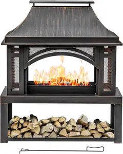39" Fire Pits with Wood Storage for Outside, Large Wood Burning Outdoor Fireplace with Chimney, Mesh Spark Screen & Fire Poker, Idea for Backyard, Patio, Party, Camping, Picnic