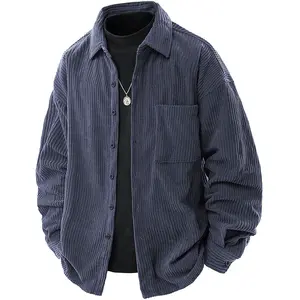 Men's Heavyweight Corduroy Striped Jacket Solid Color Button Front Pocket Shirt Casual Long Sleeve Turn-Down Collar Workwear Suitable for Autumn Winter Men's Everyday Wear Classic Clothes Beige Green Navy Blue Dark Grey