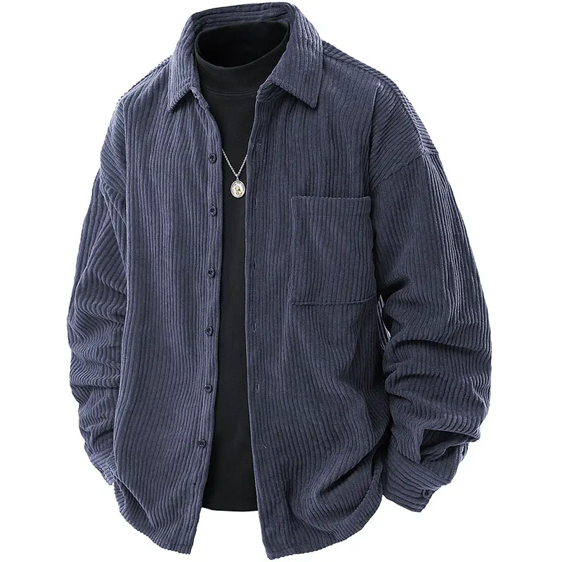 Men's Heavyweight Corduroy Striped Jacket Solid Color Button Front Pocket Shirt Casual Long Sleeve Turn-Down Collar Workwear Suitable for Autumn Winter Men's Everyday Wear Classic Clothes Beige Green Navy Blue Dark Grey