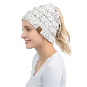 CC Beanies for Women, Messy Bun Winter Hat, Soft Stretch Cable Knit Warm Hat High Bun Ponytail Confetti Beanie, Hair Accessory - C.C MB33