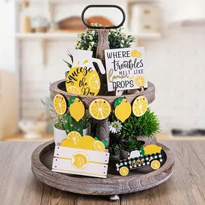Lemon Themed Tiered Tray Decor, 9 Counts/set Farmhouse Style Desktop Ornament, Decorative Tray for Home Kitchen Living Room, Signs