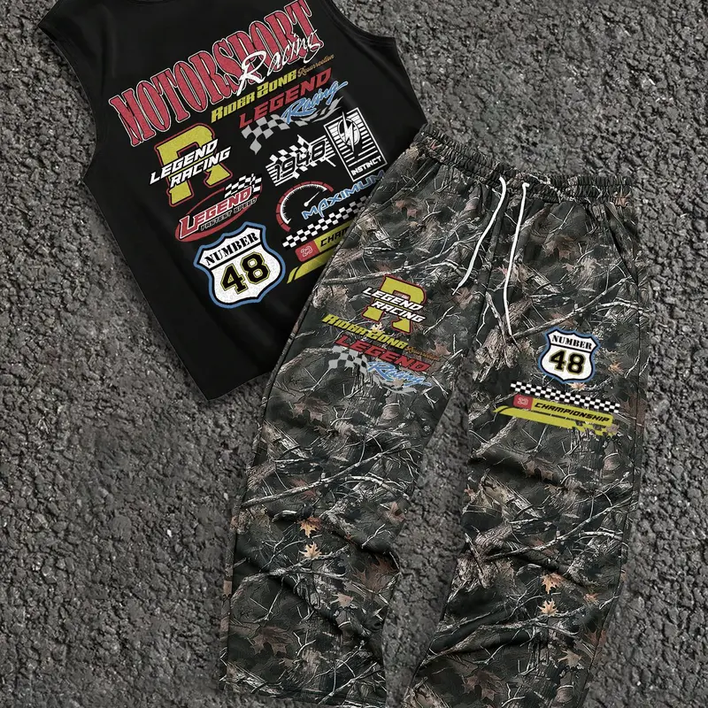 Two-Piece Set Men's Car & Plants Print Tank Top & Camo Print Pants, Loose Street Fashion Casual Sleeveless Top & Pants for Daily Wear, Men Two-piece for Summer, Printed Pants Set