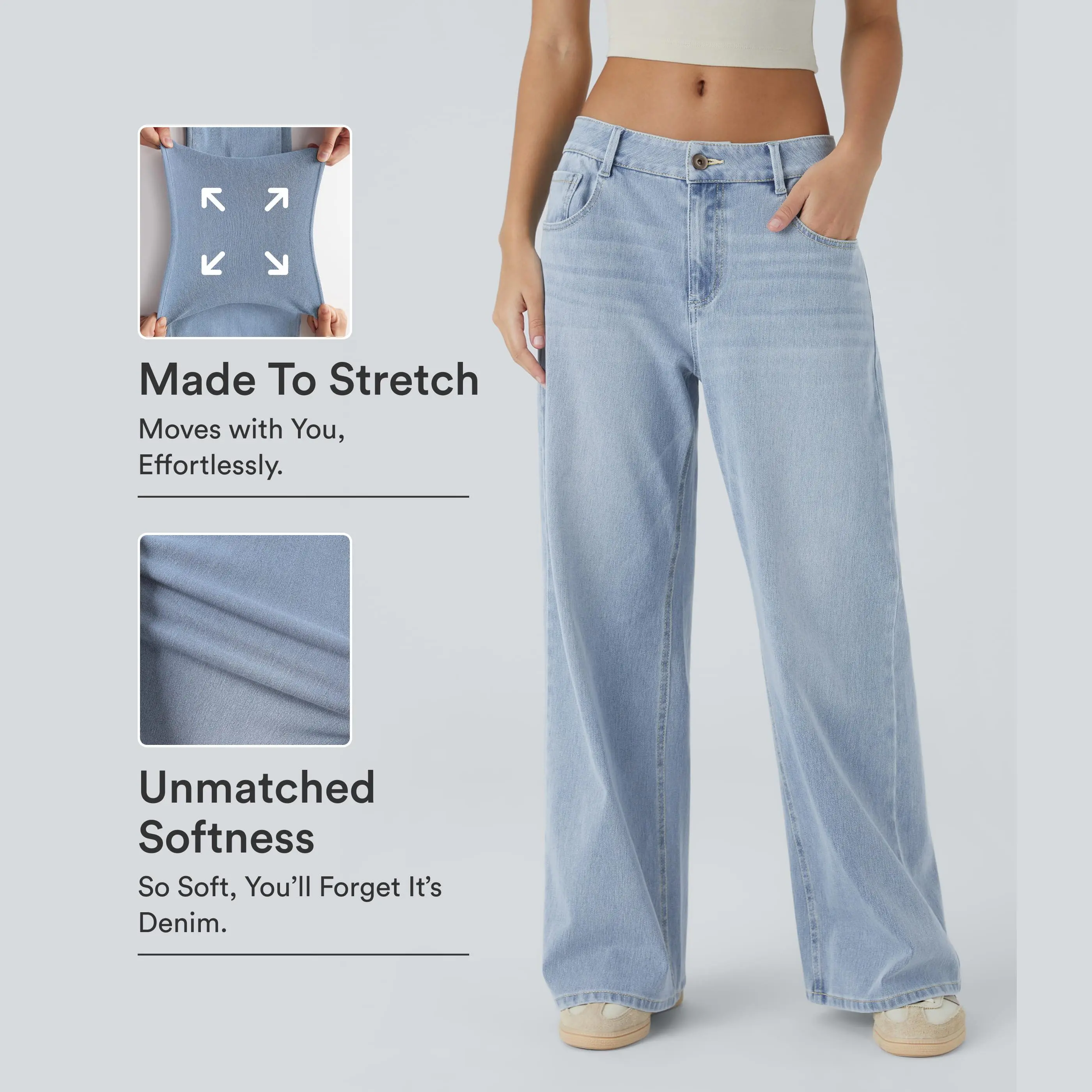 Halara Flex Low Rise Zipper Pockets Washed Baggy Wide Leg Casual Jeans