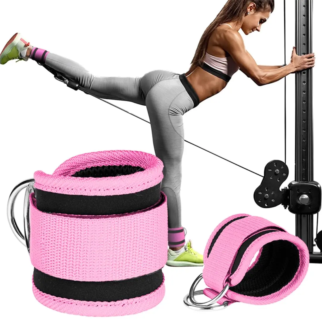 Adjustable Ankle Straps for Cable Machines (Set of 2), Padded Polyester Gym Cuffs with Double D-Rings for Lower Body & Resistance Band Workouts, Workout Band, Gym Workouts