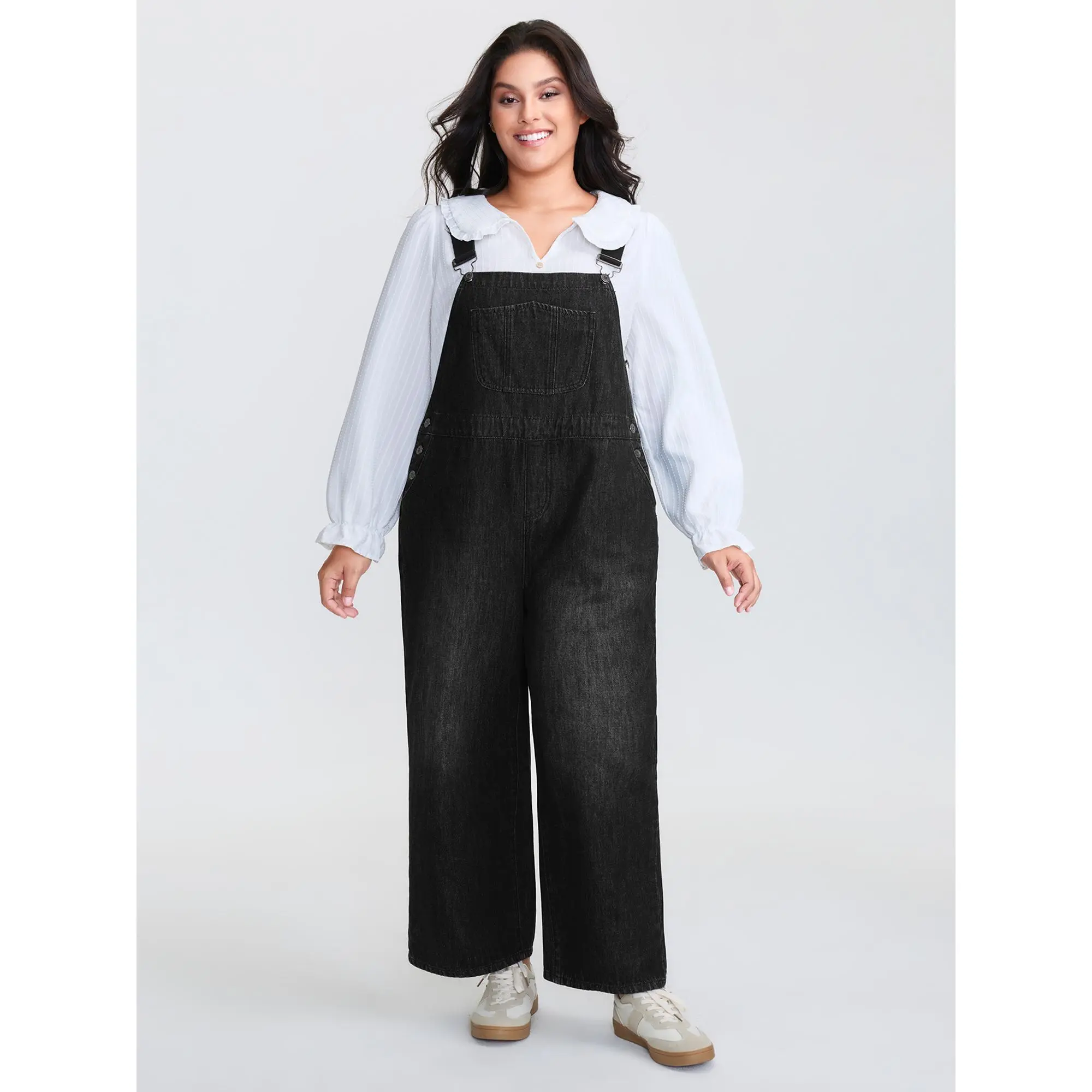 BLOOMCHIC Women's Plus Size Casual Denim Bib Overalls Garment - Adjustable Straps, Cotton-Polyester Blend Fabric, Relaxed Baggy Wide-Leg Fit, Pockets, False Placket, M-6X Sizes, Summer 2026, Cold Wash Only, Do Not Tumble Dry, Low Iron, Overalls For Women