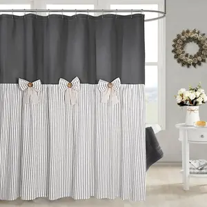 Farmhouse Grey Shower Curtain,Bowknot,Cotton Woven and Cotton Blend Fabric,Pleated Grey Stripe,Country Style,72x78 in