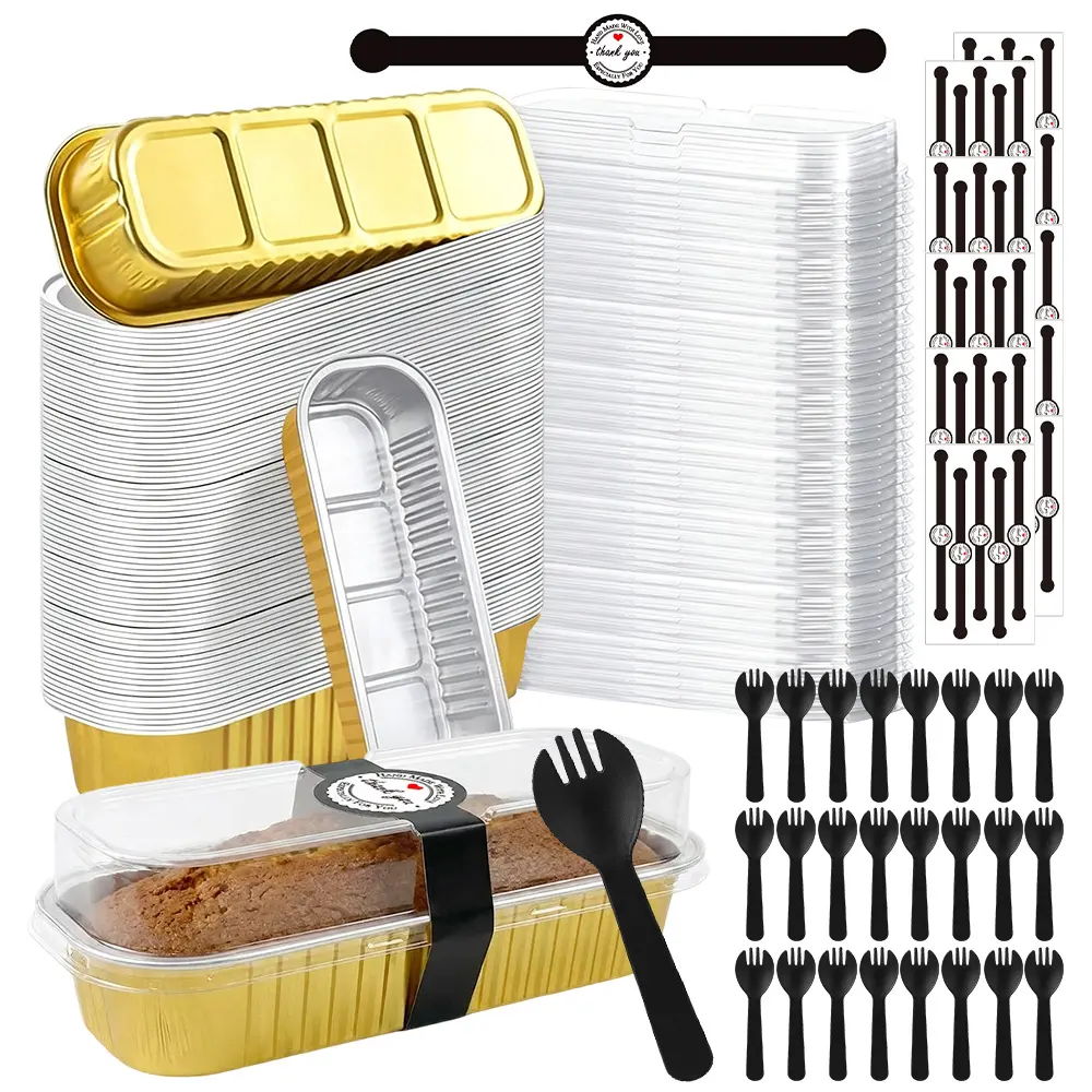 50PCS Mini Cake Pans with Lids And Spoons,Disposable Rectangular Baking Trays, Ideal for Banana Bread, Brownies for Homemade Dessert Gift Packaging