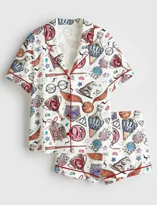 HP Wizard School Academy Magic Satin Pajama Set for Her 100% Polyester Short-Sleeve Nightwear with Chest Pocket Elastic Waistband Loungewear Button