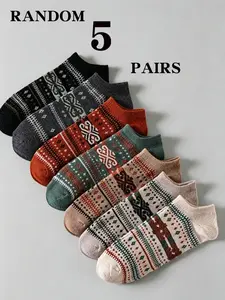 Random 5 Pairs Vintage Fair Isle Ethnic Style Jacquard Crew Socks, Unique Design, Comfortable Fit, Perfect for Daily Wear