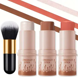 Hellokiss 3-Piece Cream Makeup Beauty Cosmetics Set - Waterproof Blush, Highlighter & Multi-Balm Stick with Brush, Buildable Medium Coverage with Plant-Derived Squalane, Flawless Festive Look for Halloween, Thanksgiving & Christmas Makeup Gift Set