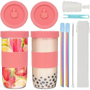 2 Pack  Boba Cup Bubble  Cups, 24 OZ Boba  Cup Boba Cups and Lids and Straw, Mason Jar  Sleeve, Glass Iced Coffee Cup, Smoothie Cups with Lids, Glass Bottles for Juicing