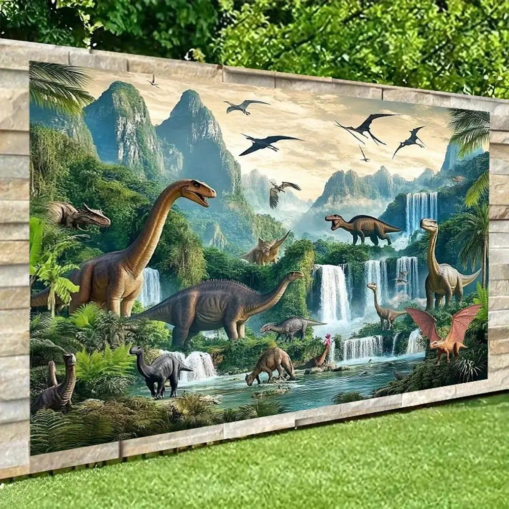Large 2D Flat Polyester Photography Backdrop Banner, HD Print Prehistoric Dinosaur Jungle Theme Cloth, Soft Lightweight Foldable Backdrop for Birthday Party, Video Studio Use