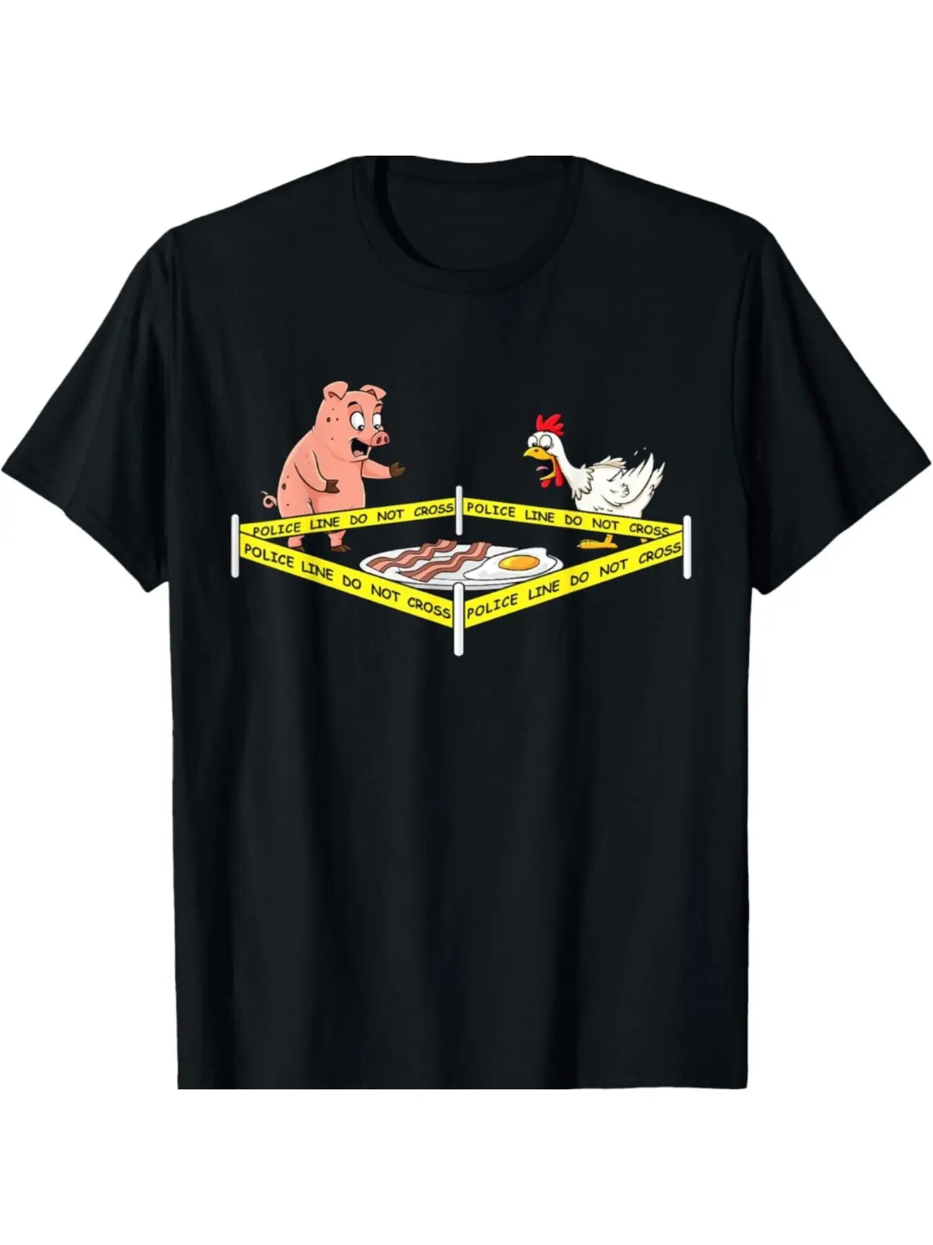 [All season wear] interesting pig and chicken pattern T-shirt, four seasons cotton T-shirt, with "police line do not cross" design, men and women black casual family shirt, relaxed style, for students, clean design, soft touch fabric