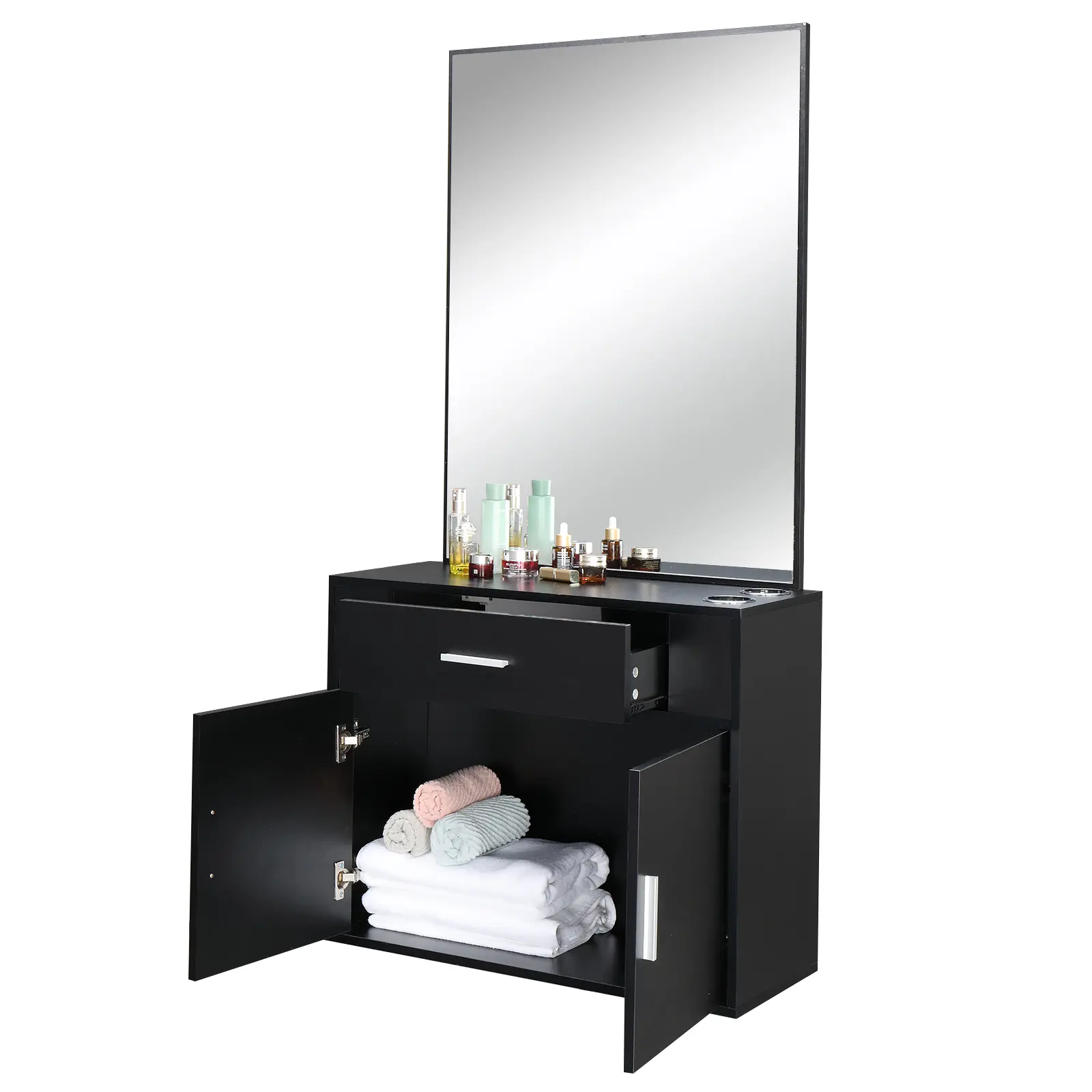 Commercial Salon Wall-Mount Hair Styling Station with Storage, 59.4x29.6x11.8 In E0 Particle Board Cabinet, Waterproof Linen Top, 1 Drawer, 1 Door, 75 Lbs/34 Kg Metal-Stabilized Furniture with Large Mirror, Room-Decorating, Assembly Required, Stable, Deco