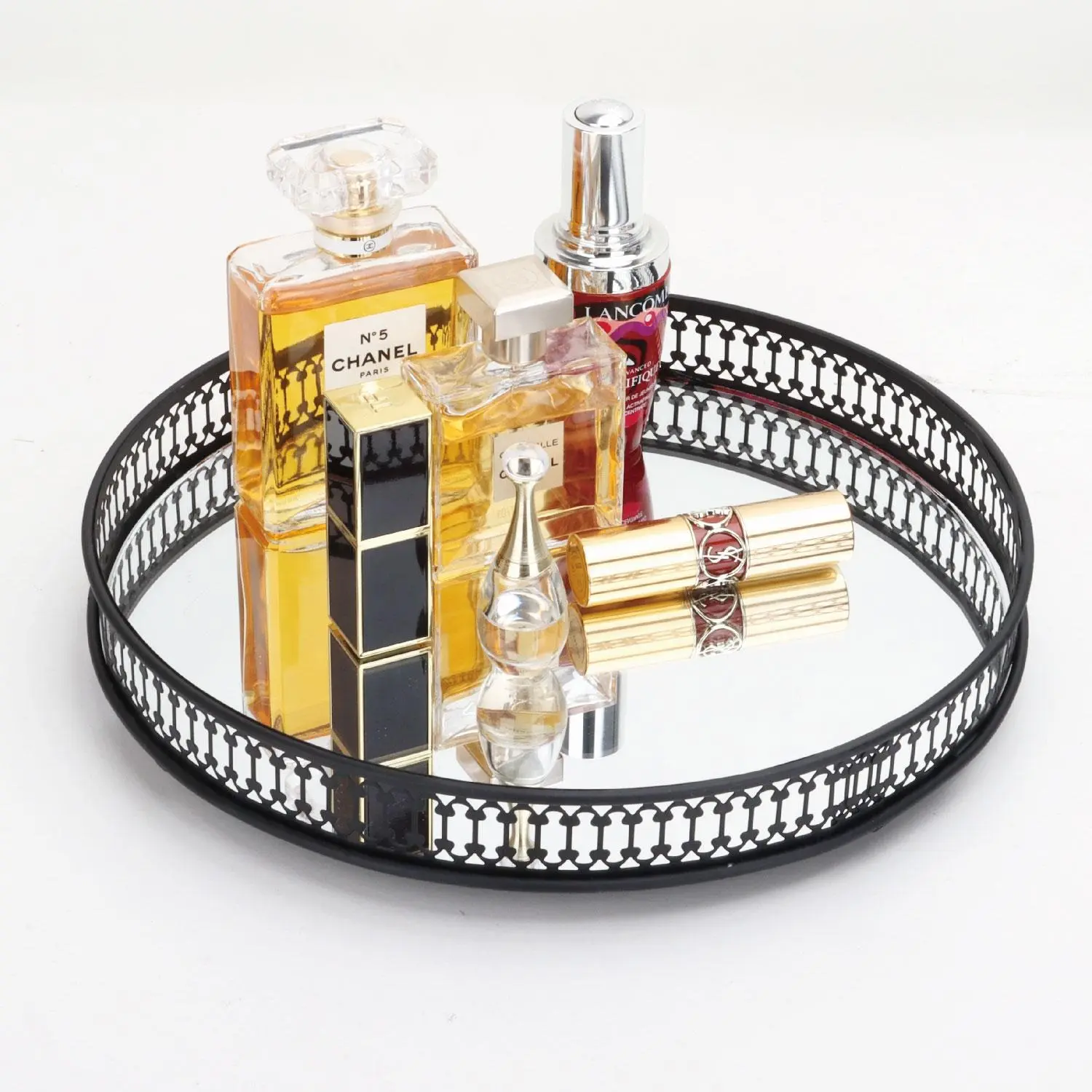 Metallic Mirror Vanity Tray - Black Metal Bathroom Organizer with Mirror Base Keeps Items Put, Glam Storage Rack for Bedroom, Gift-Packable Home Organizer, Mirror‑Top Glam