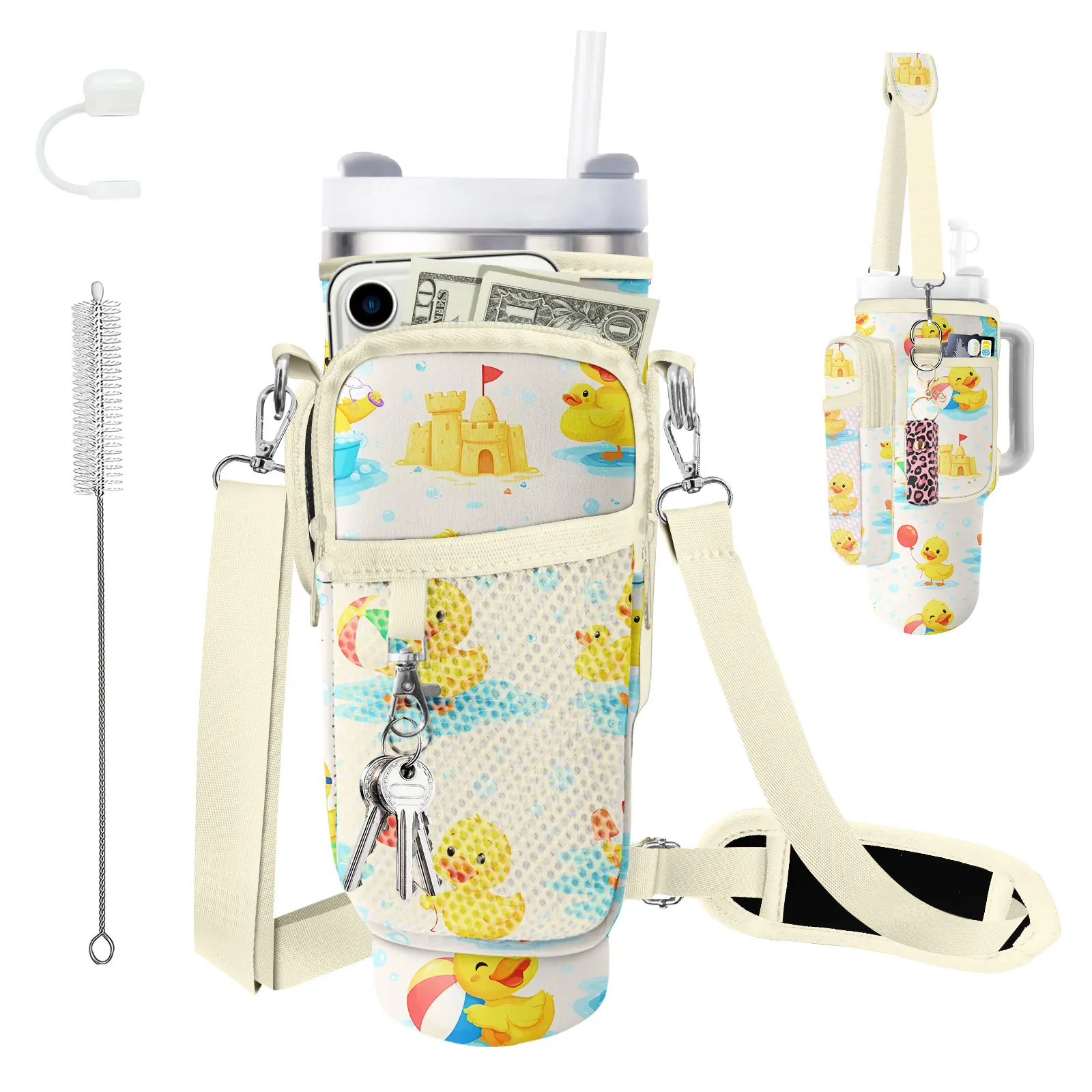 Neoprene Water Bottle Carrier Bag for Stanley Cup 40oz/30oz, Water Bottle Holder with Phone Pocket, Adjustable Shoulder & Handle Strap, Stanley Cup Accessories for Walking Travel,Duck, Tumbler, Detachable