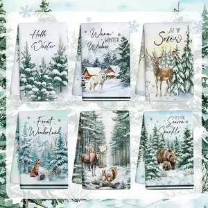 6pcs Winter Kitchen Towel Set - 16x24 in Long-Lasting Polyester Cleaning Dishcloths, Festive Cartoon Wildlife & Snowflake Design, Modern Farmhouse Decor, Highly Absorbent, Hand Wash Only, Christmas Decoration