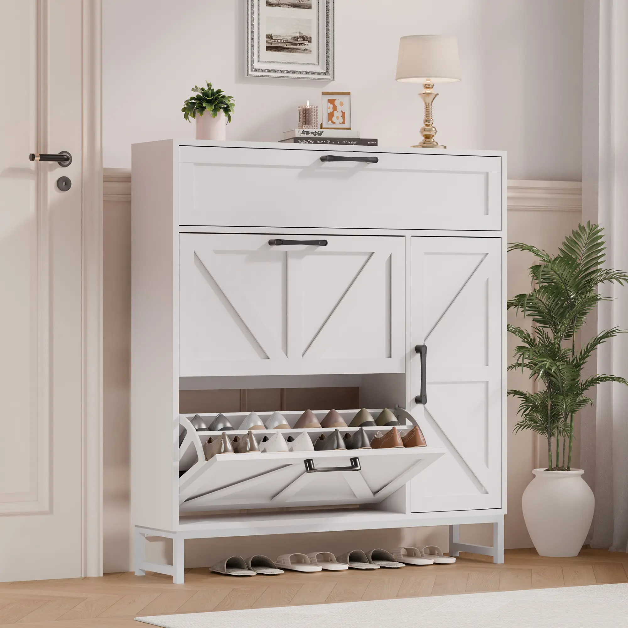 Modern Entryway Organizer Entryway Buffet Cabinet - Smoky Brown Modern Storage Cabinet with 360° Turntables, Adjustable Shelf, Safety Kit (100x24x110cm) | Furniture for Apartment, Studio Apartment Furniture