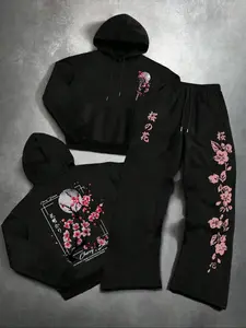 Men's Fashion Casual Two-Piece Set, Japanese Cherry Blossom Print Hoodie & Drawstring Straight-Leg Pants, Spring Fall Winter Sports Wear