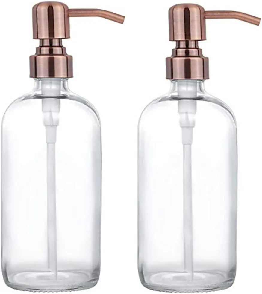 2 Pack Thick Clear Glass Pint Jar Soap Dispenser with Copper Stainless Steel Pump, 16ounce Clear Boston Round Bottles Dispenser with Rustproof Pump for Essential Oil,  Soap