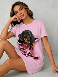 American Retro Sweet Girl Women's Short Sleeve Nightgown, Spring & Summer Wearable, 3D Dachshund Dog Print, Breathable Cozy Homewear