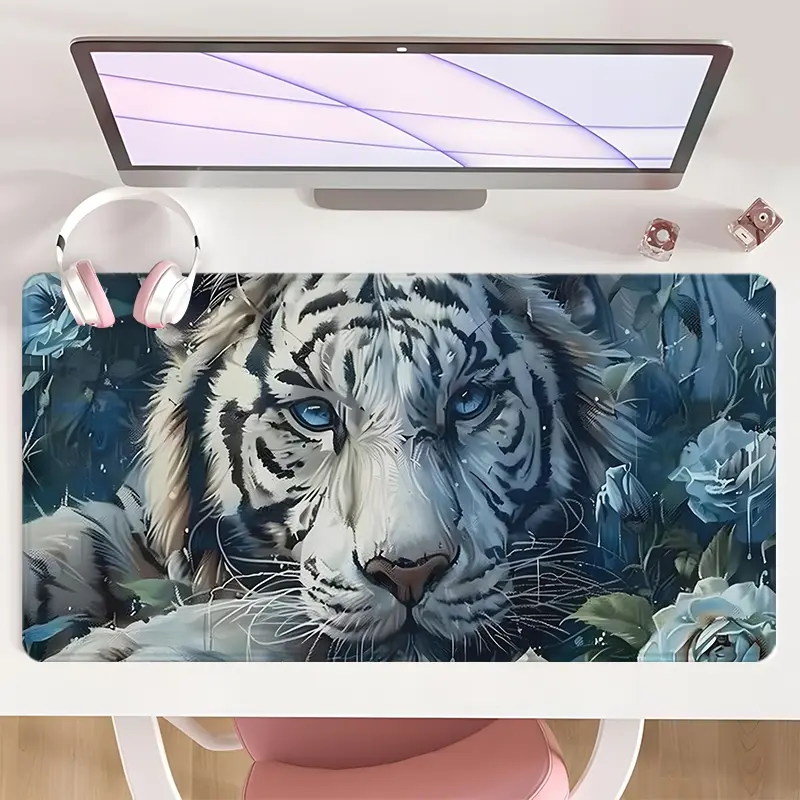 [Mouse Desk Pad] Non-Slip Mouse Pad Large Gaming Mouse Pad With Rubber Base & Stitched Edge White Tiger Blue Rose Mystical Design Desk Top Protector Mat For Home Office Christmas Gift Desk Accessories
