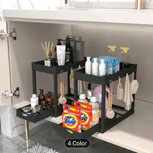 2 Pack Under Sink Organizer with Sliding Drawers & 8 Hooks - Heavy-Duty Plastic 2-Tier Cabinet Storage System, Adjustable Shelves/Baskets Suitable for Bathroom & Kitchen Under Counter Organization, Space-Saving Vertical Storage