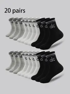 5 Pairs Alc Pure Color Fall Winter Socks, Unisex High-Cut Letter Print Mid-Socks, Comfortable Breathable Soft Skin-Friendly