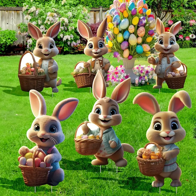 6pcs Easter Bunny Yard Decorations with Stakes - Vintage Style Outdoor Spring Decor for Garden and Lawn - Adorable Bunny Signs Holding Easter Eggs and Baskets - Plastic Retro Easter Bunny Garden Decor, Rabbit Accessories Ornaments
