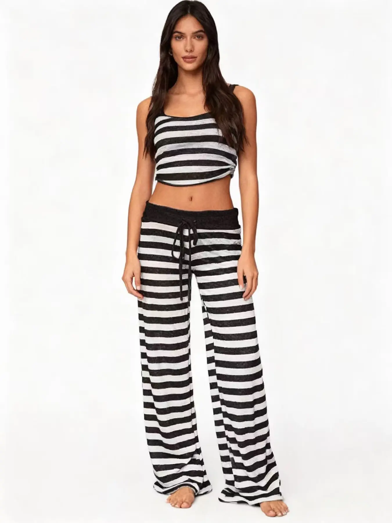 Women's new high stretch long pants with striped printed pants casual pants loose pants wide leg pants home pants Casual Lounge Pant S-XXL Bottom Womenswear