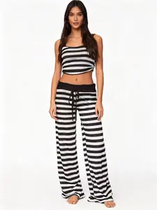 Women's new high stretch long pants with striped printed pants casual pants loose pants wide leg pants home pants Casual Lounge Pant S-XXL Bottom Womenswear
