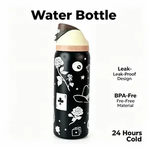 Owala 32oz Black Water Bottle with White Roses & Dice, Leak-Proof Insulated Vacuum Flask, Built-In Straw, Portable Drinkware for Teens, 24hr Cold Retention, Stylish Kitchenware Mug, Bottle Vacuum Flasks