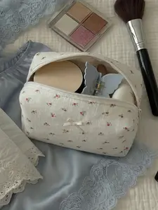 Elegant Floral Makeup Bag with Bow Accent, Handmade Travel Cosmetic Storage Pouch, Makeup Organizer Pouch, Perfect Gift for Holidays