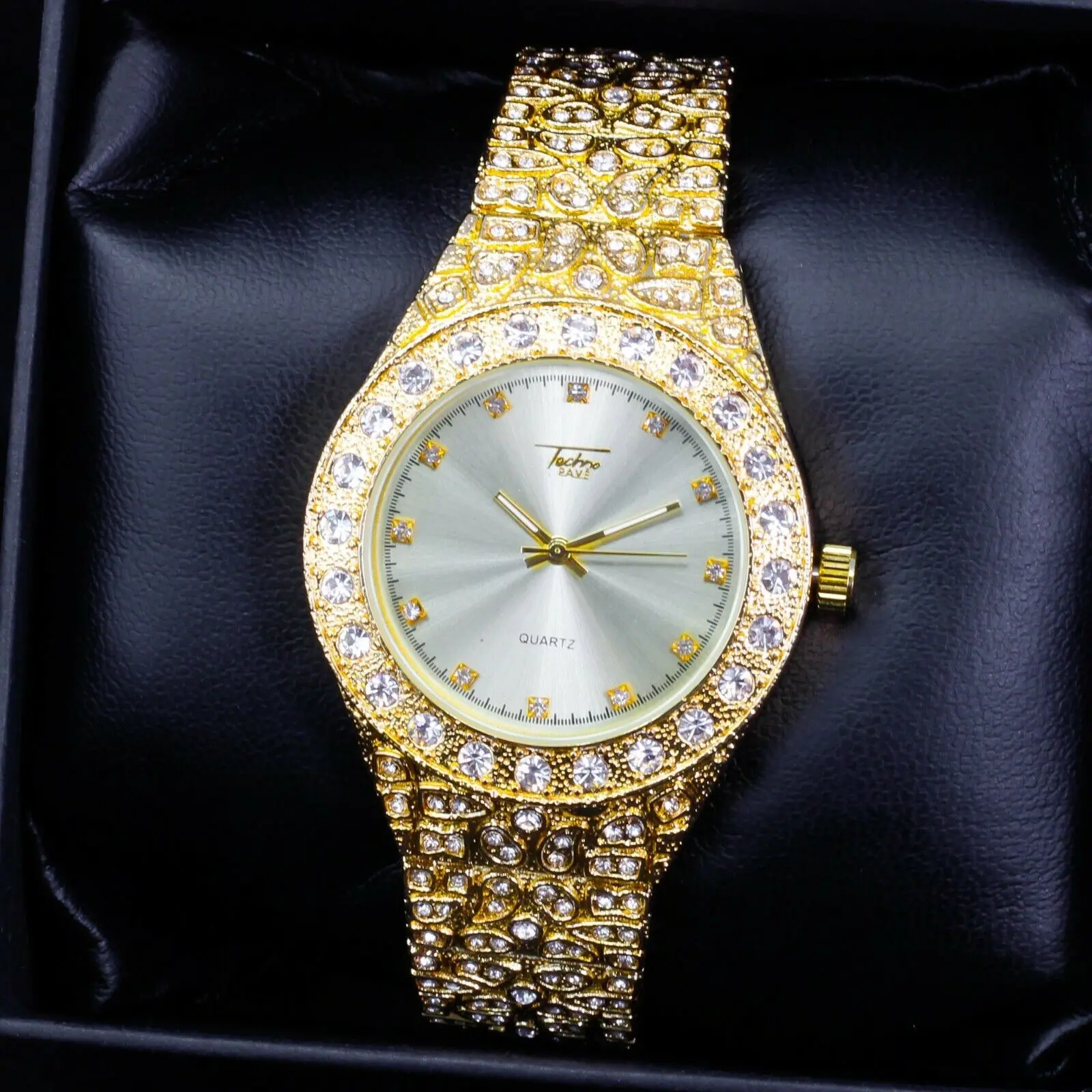 MaxBling81 Men's Iced Luxury Watch - 43mm Round Stainless Steel Case with Golden Nugget Pattern, Quartz Movement, Adjustable Links & Secure Clasp, Analog, Metal