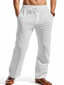 Men's Fall Outfits Linen Stripe Elastic Waist Drawstring Casual Pants for Daliy Wear, Stylish Business Casual Essential, Comfortable and Versatile Men's Clothing, Casual Minimalist Trousers
