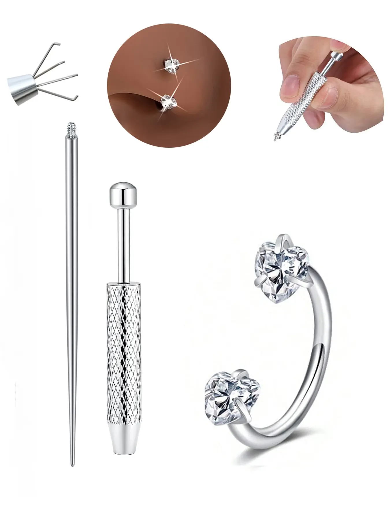 Horseshoe Septum Nose Ring with Piercing Ball Grabber Tool, Heart & Star Shaped CZ Internal Threaded Cartilage Piercing Jewelry for Tragus, Helix & Labret, Body Piercing Jewelry, Hypoallergenic Stainless Steel Material, 18 Gauge 8mm, Nose Rings Hoops